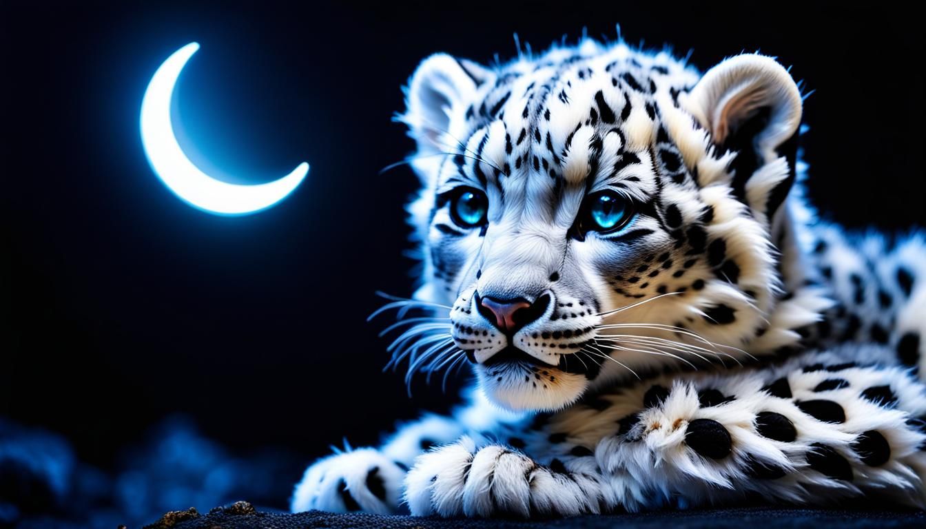 Newborn Snow Leopard on Crescent Moon, Macro Photography