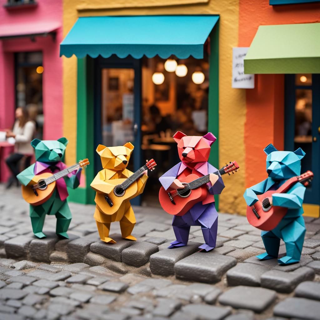 Bear Mariachi Band Performing in Paper Collage Style