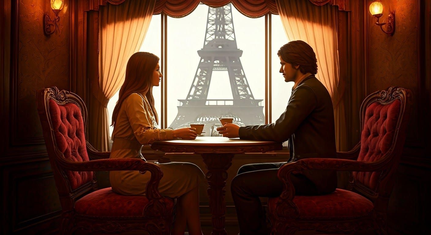 Romantic Parisian Café Scene in Vintage Style