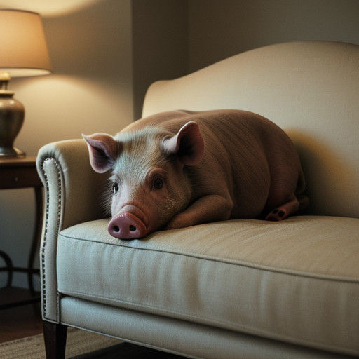 Sweat-Soaked Pig Soaks Up Warmth on Vintage Sofa