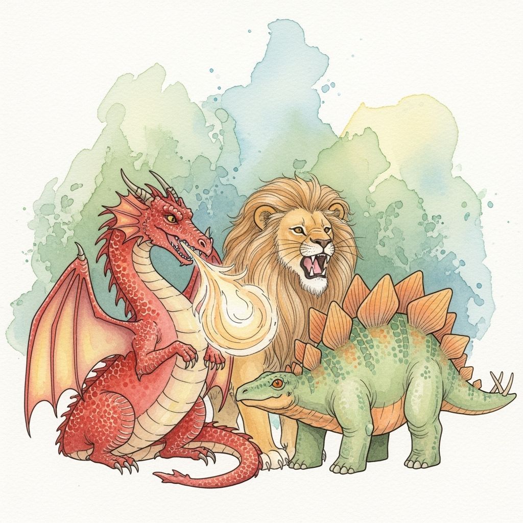 Whimsical Watercolor Dragon, Lion, and Stegosaurus Illustrat...