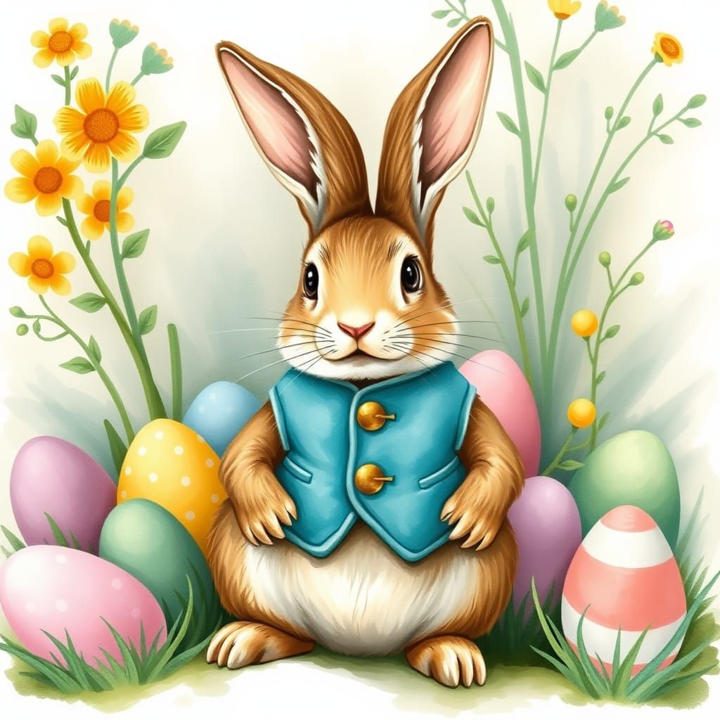 Whimsical Easter Bunny in Traditional English Folk Art Style