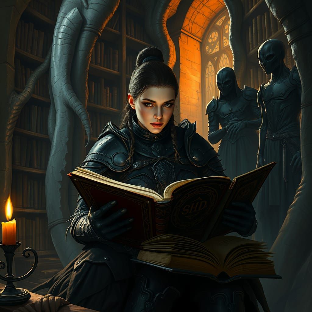 Warrior Woman Reads in Forbidden Gothic Library