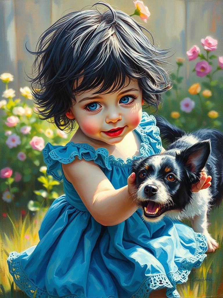 Child Playing in Garden, Oil Painting