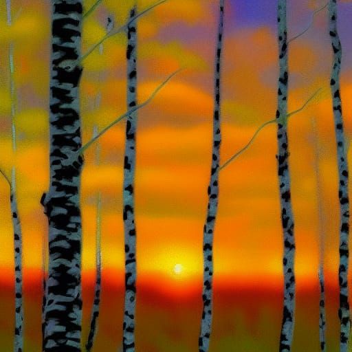 Impressionistic Sunset Over Colorful Birch Stand