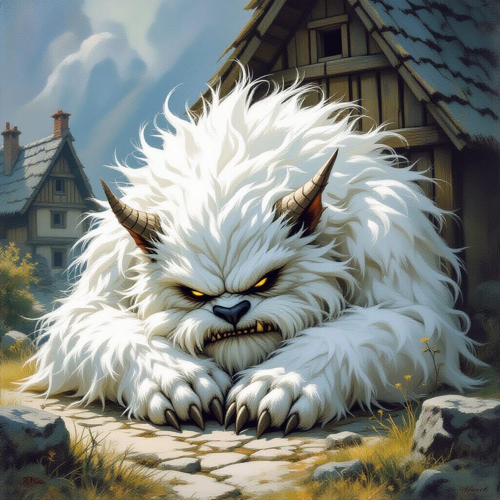 Friendly Monster Guards Village as Oil Painting