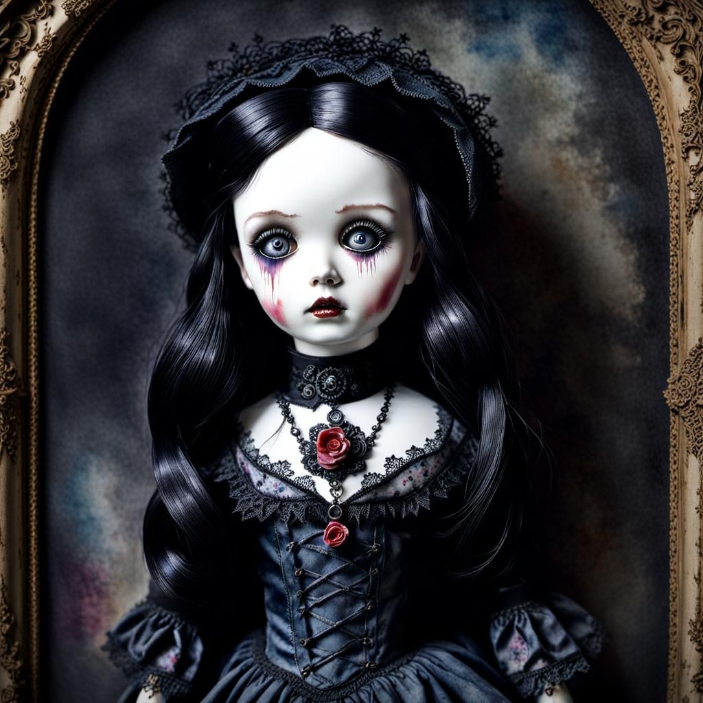 Gothic Porcelain Doll with Shattered Face in Watercolor