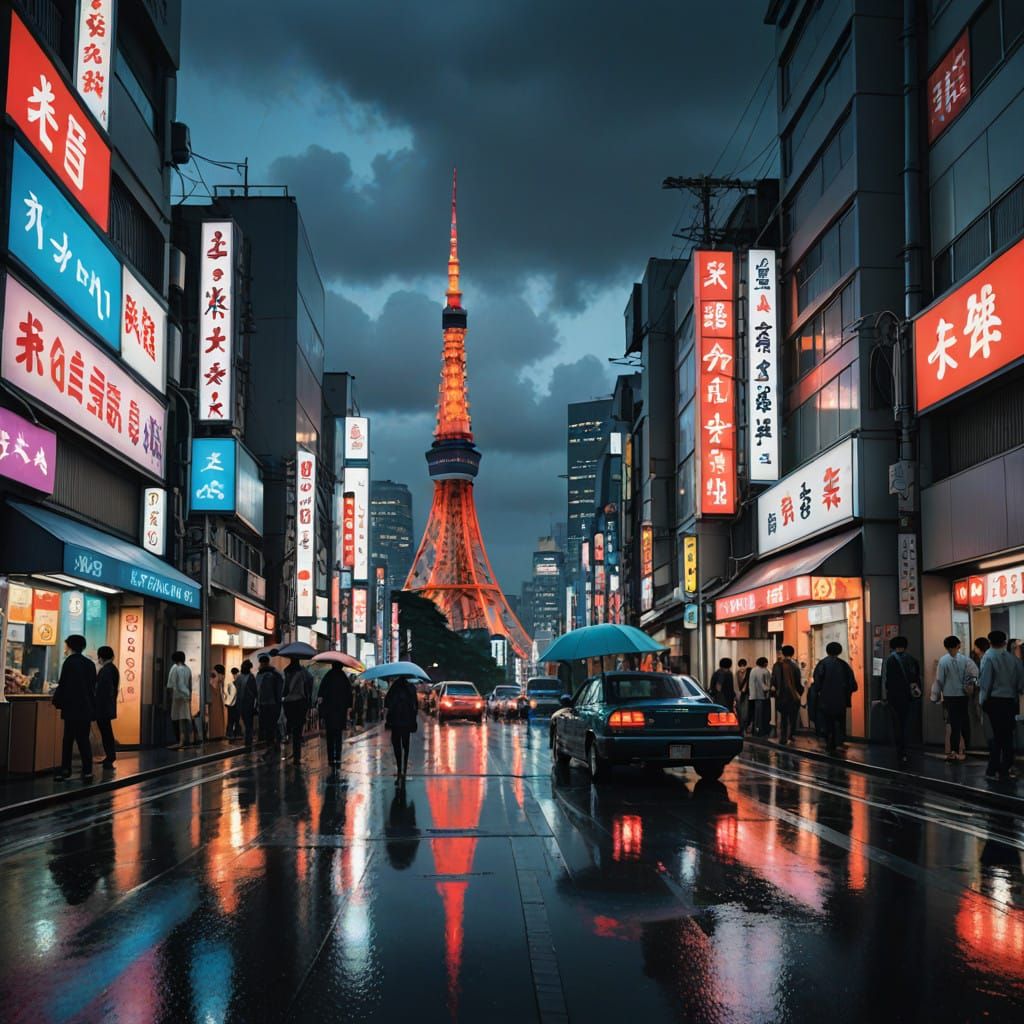 Cyberpunk Tokyo at Night, Reflecting Futuristic Urbanity
