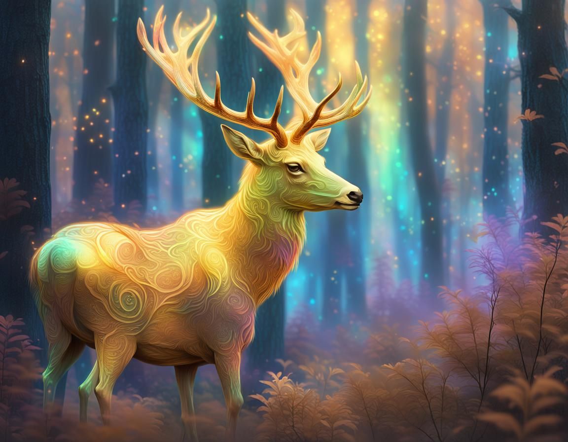 Ethereal Golden Deer in Misty Forest, Dreamlike Artwork