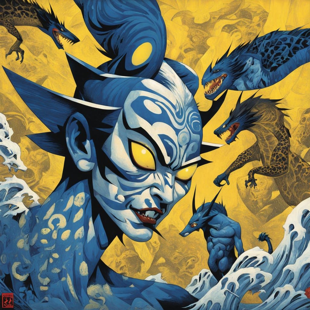 Evil Entity Unfurls in Vibrant Geometric Ukiyo-e Art