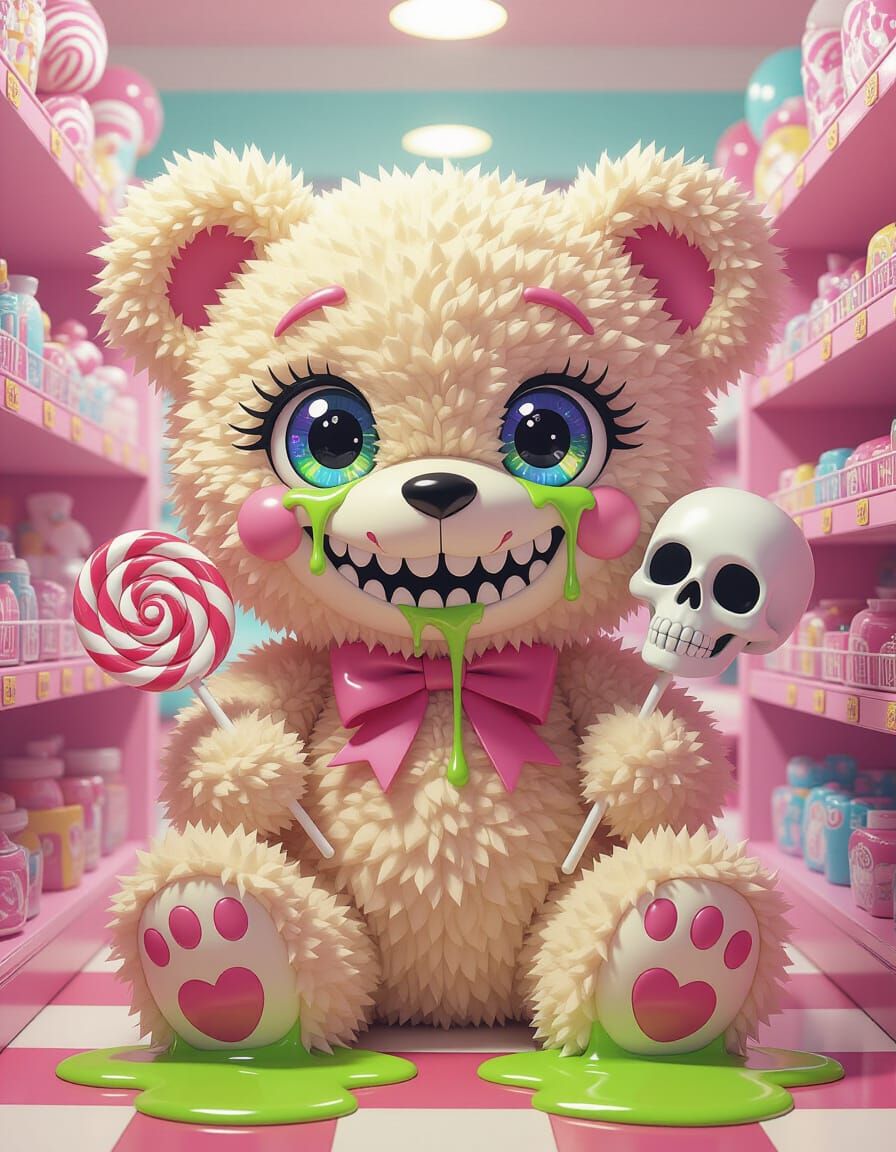 Sinister Teddy Bear with Neon Slime in Toy Shop
