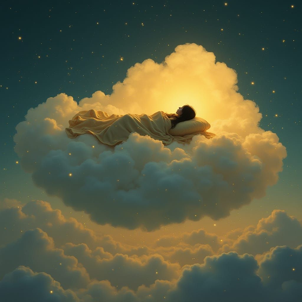 Dreamy Silhouette on Floating Cloud, Ethereal Art
