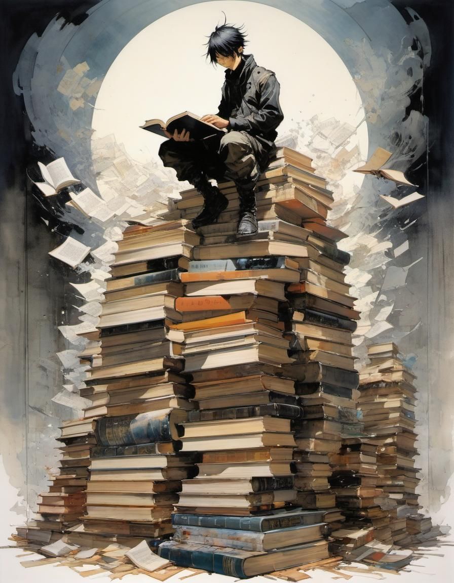 Figure Reading Atop Books in Graphic Novel Style