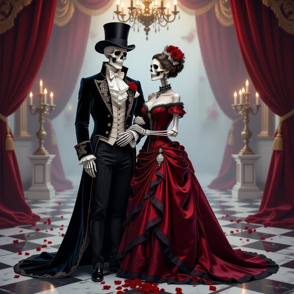 Victorian Skeleton Couple's Eternal Love in Candlelit Ballro...