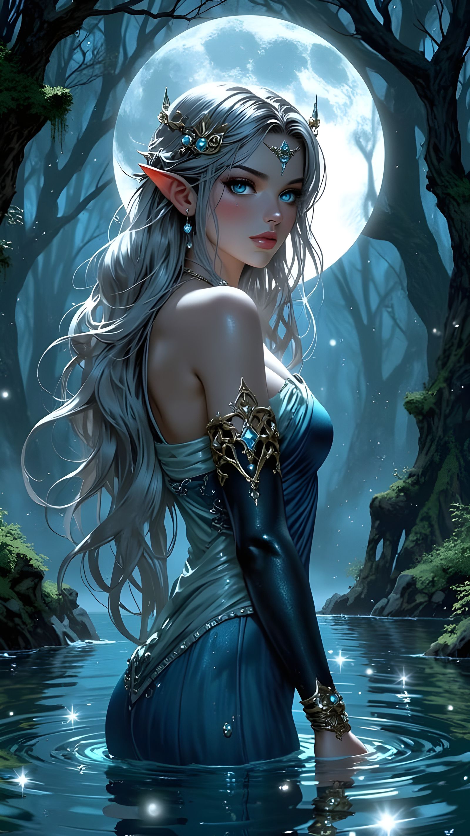 Moonlit Elf Bathing in Starry Forest Pond