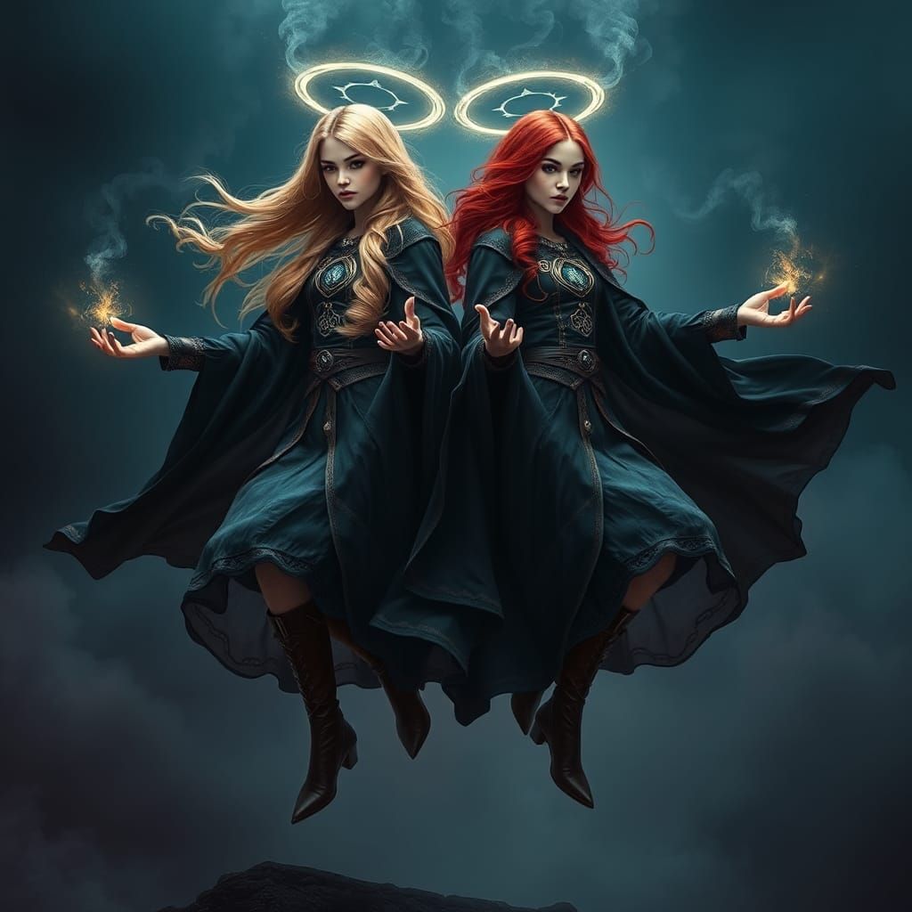 Twin Witches Conjuring Ethereal Spells as Digital Painting