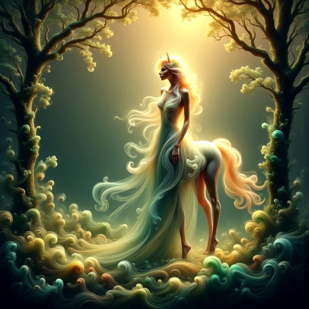 Horse-Headed Woman in Luminous Forest: Fantasy Art