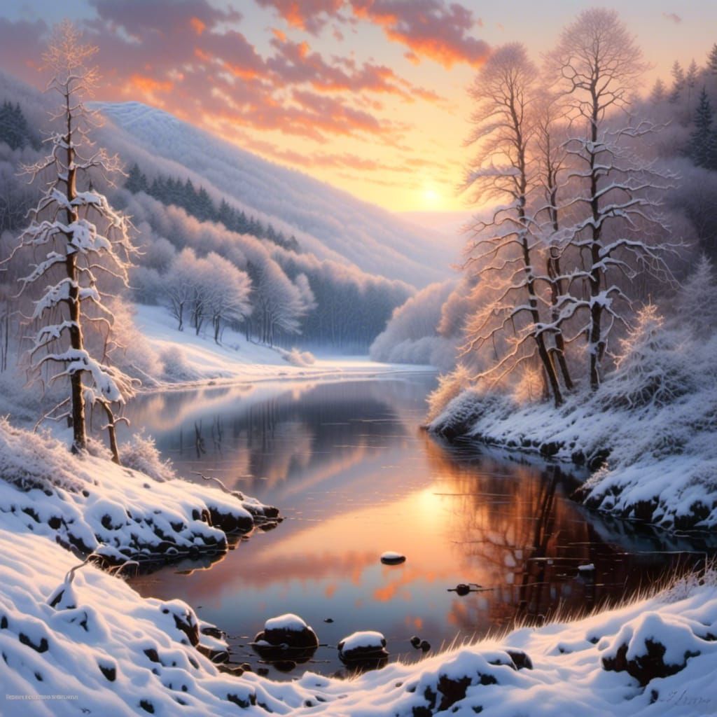 Winter Landscape Painting of Bodetal at Sunrise