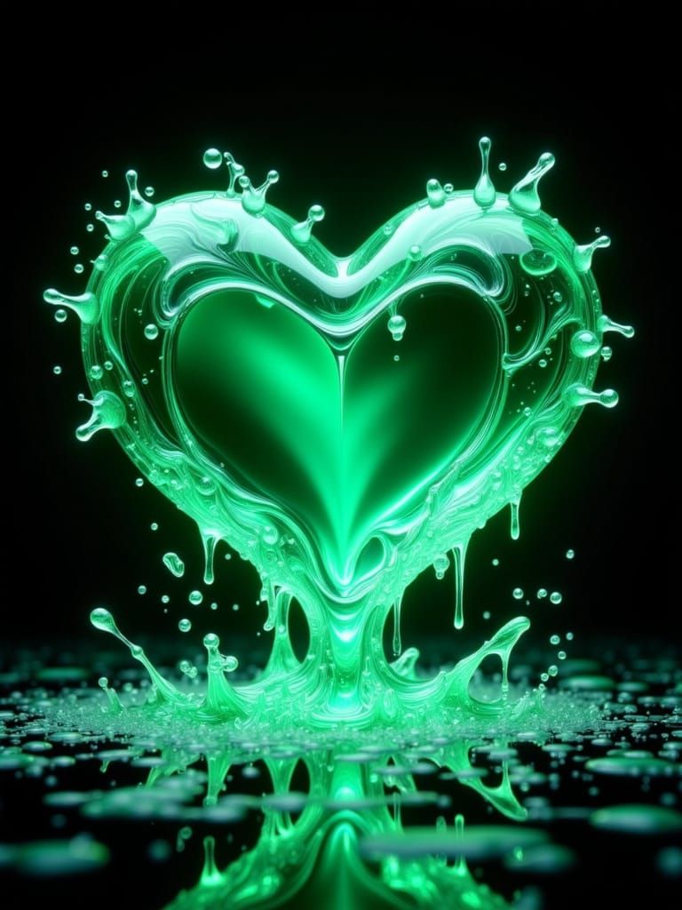 A heart‑shaped emerald gemstone violently melting into glowing neon‑green molten crystal. A toxic, electric aura surroun...