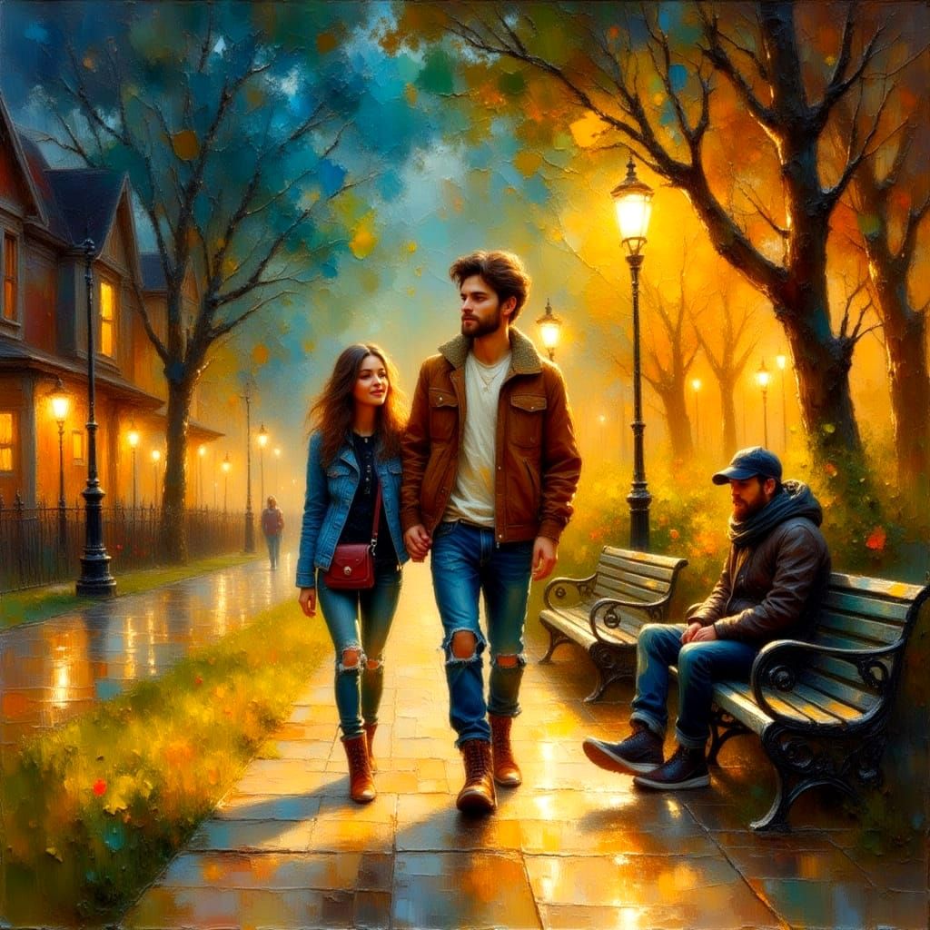 Couple Strolling Together in a Serene Nighttime Scene
