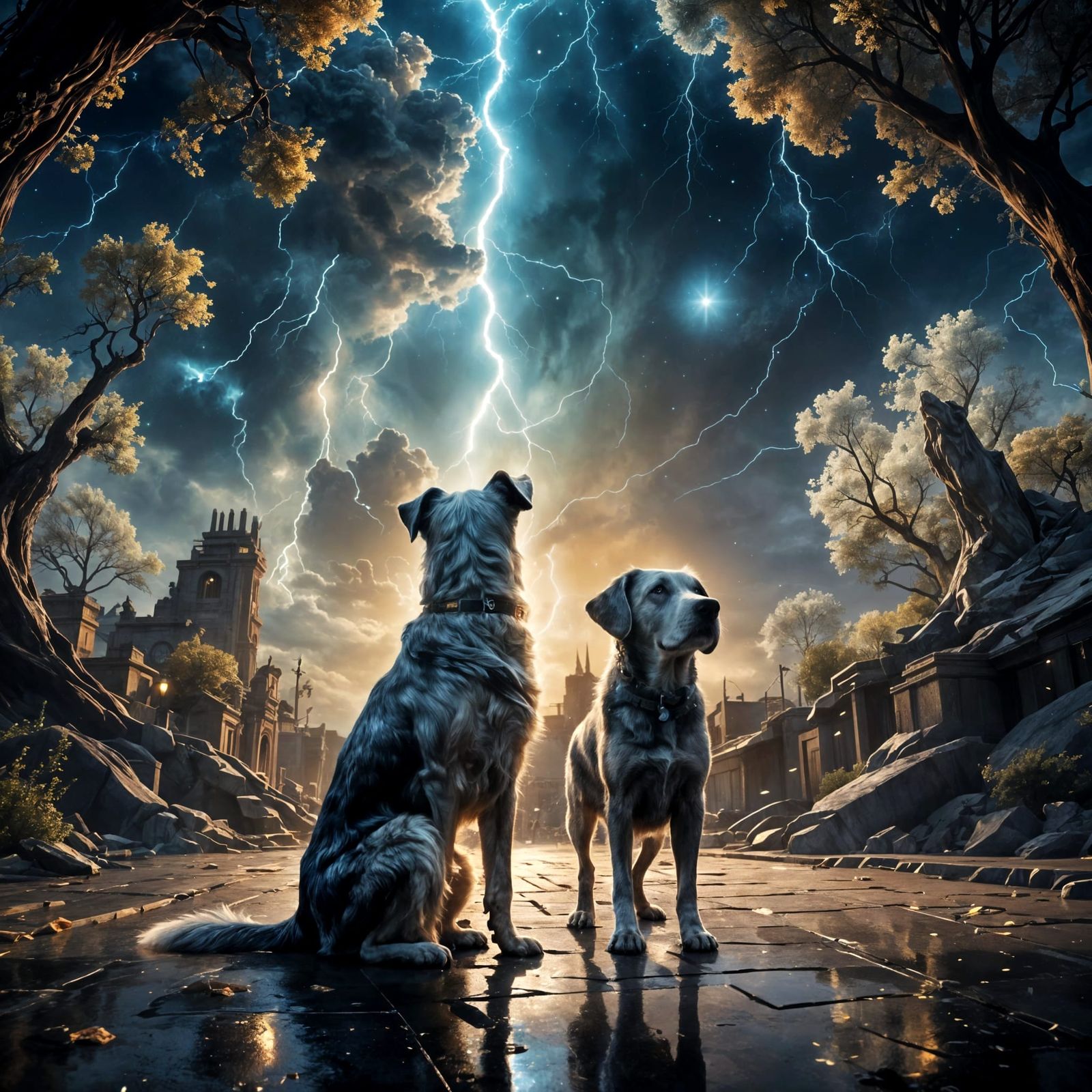 Majestic Dogs Gaze at Galaxy Portal