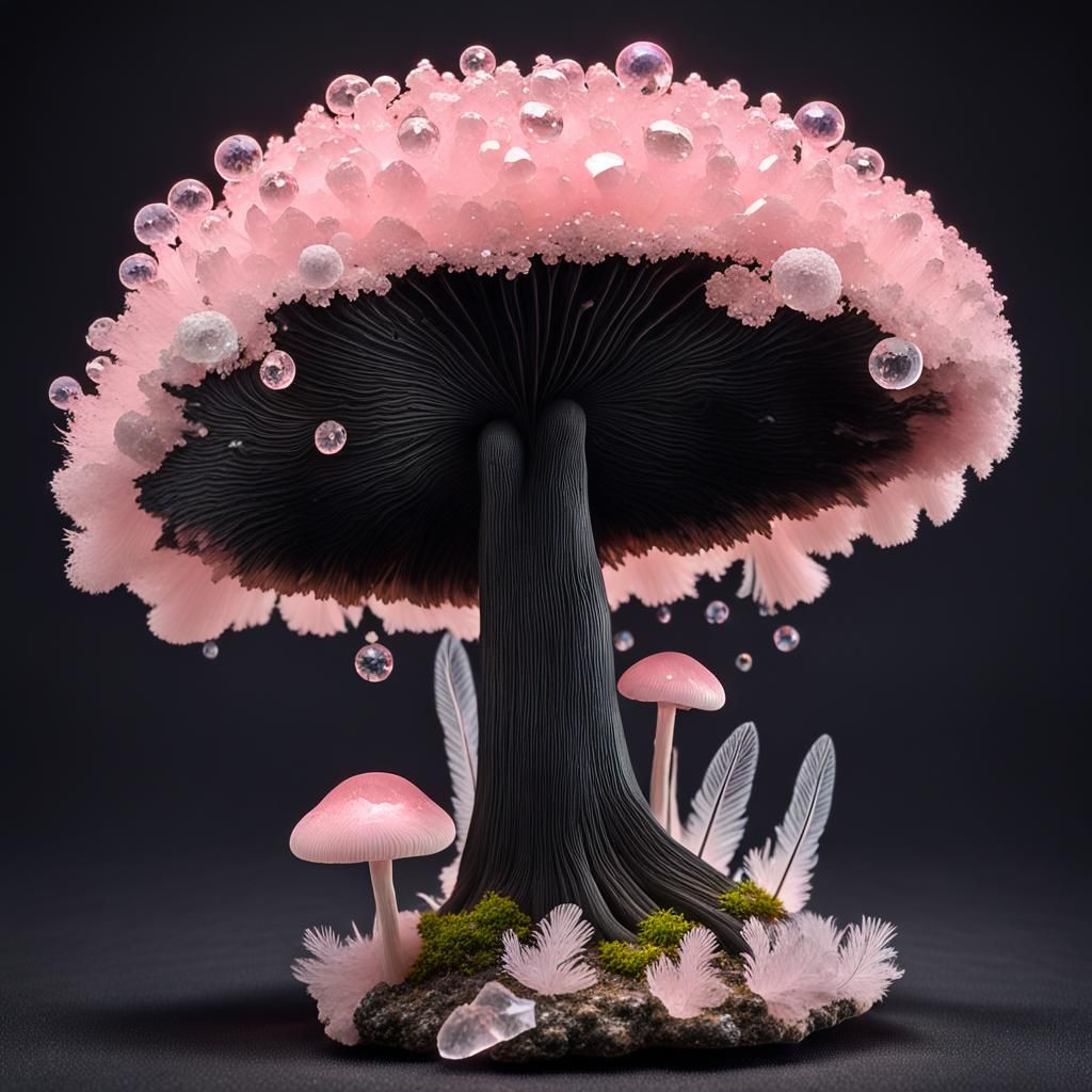 Giant Black Mushroom with Morganite Crystals