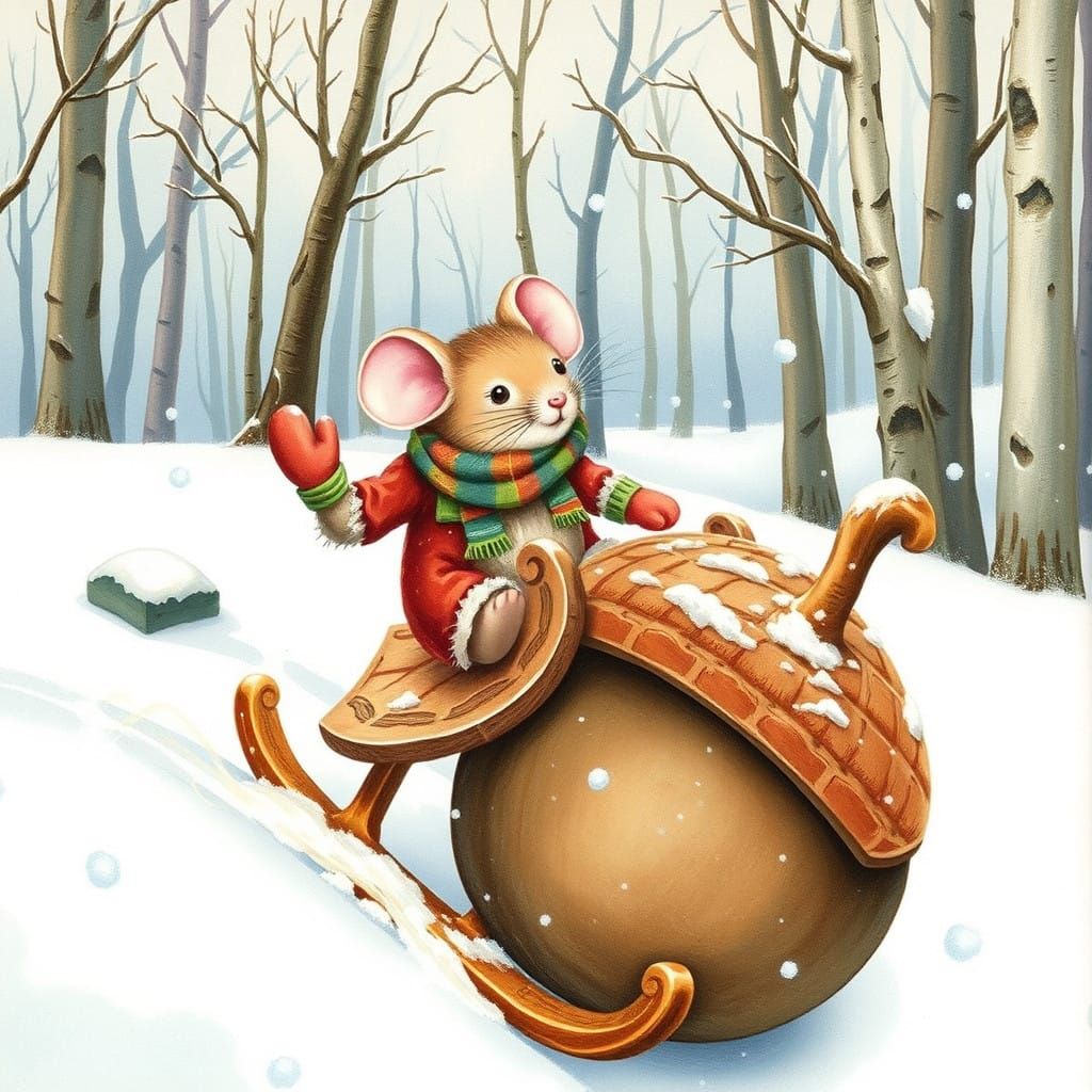 Whimsical Mouse Sleds Down Giant Acorn in Winter Wonderland