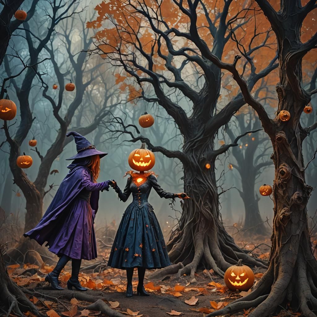 Pumpkin-Headed Hero Captures Witch in Mystical Forest