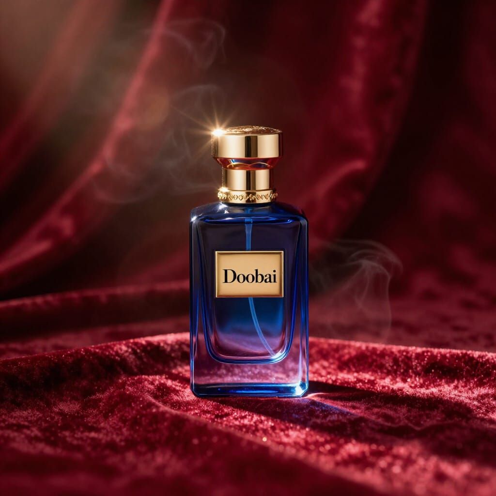 Sleek Blue Perfume Bottle with Gold Accents in Amber Haze