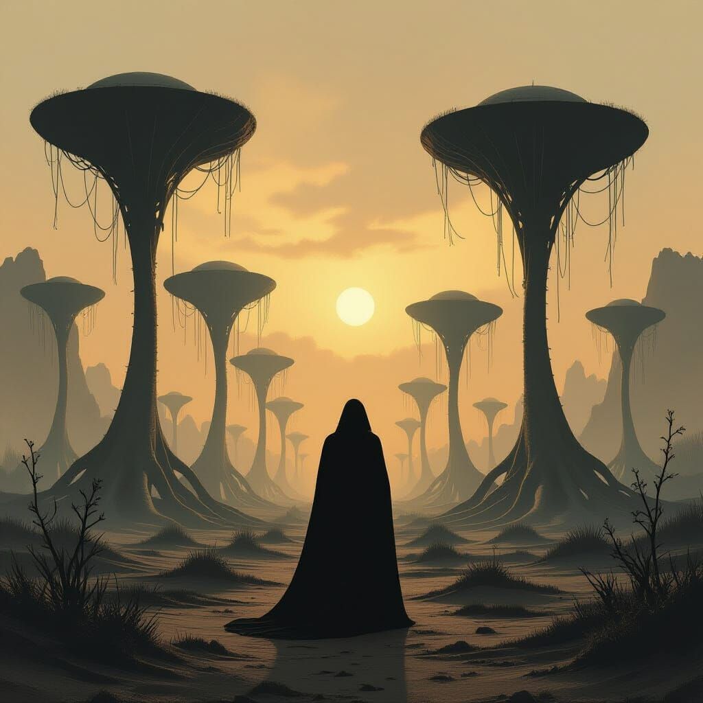 Cloaked Figure in Triffid Landscape, Sublime Melancholy