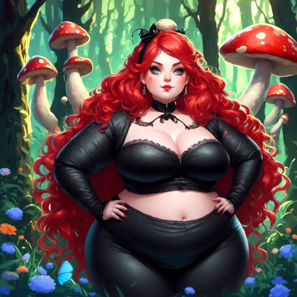 Curvy Chibi Mushroom Woman in Magic Forest