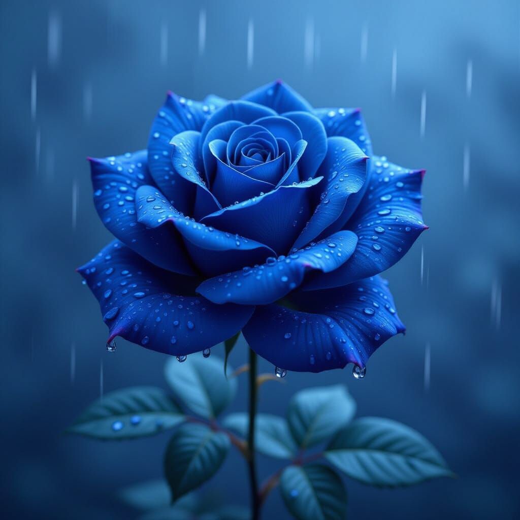Dark Blue Rose in Rain, 3D Anime Art Style