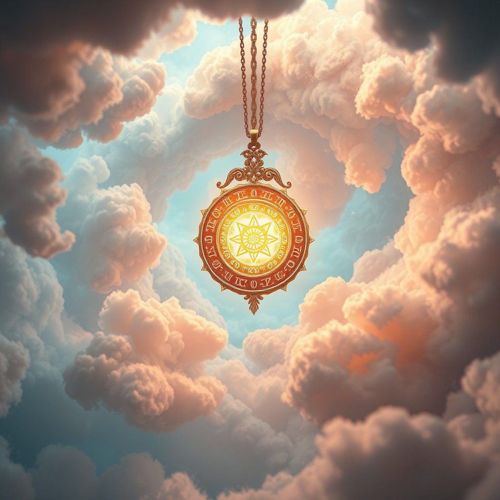Ethereal Amulet Floating Amidst Swirling Clouds