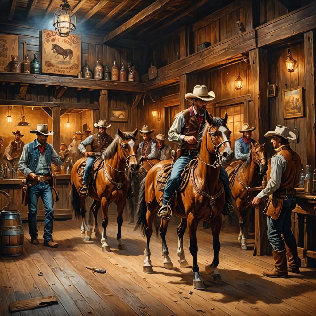 Wild West Horses Play Volleyball: Oil Painting