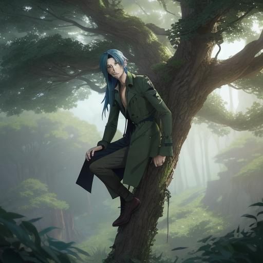 Anime Man with Blue Hair in Tree