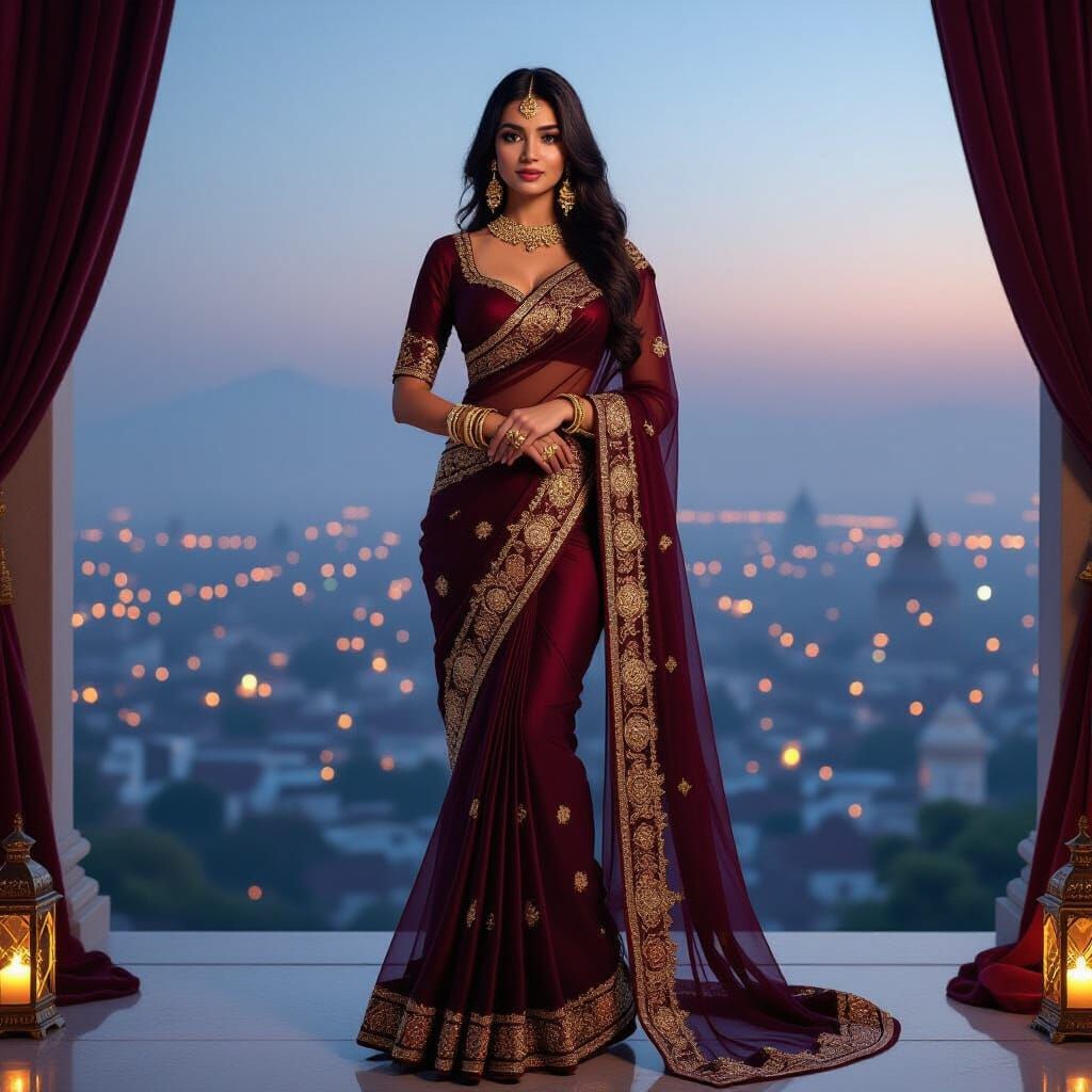 Woman in Maroon Saree on Palace Terrace
