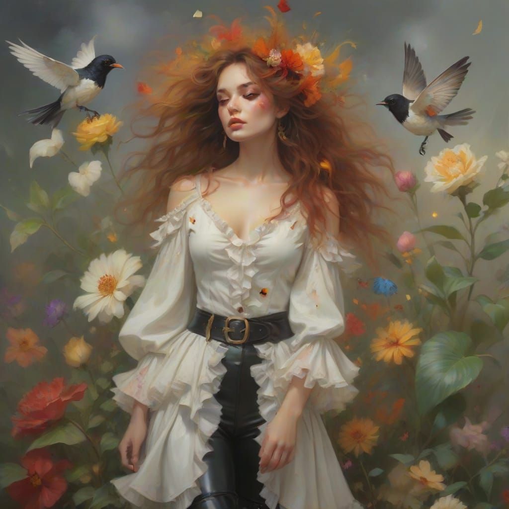 Surreal Woman in Pirate Shirt Surrounded by Nature