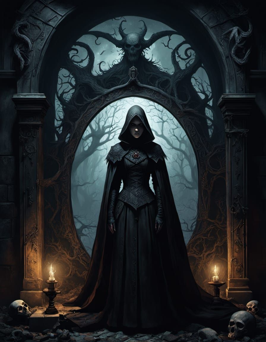 Gothic Horror Art: Mourning Woman in Dusty Crypt
