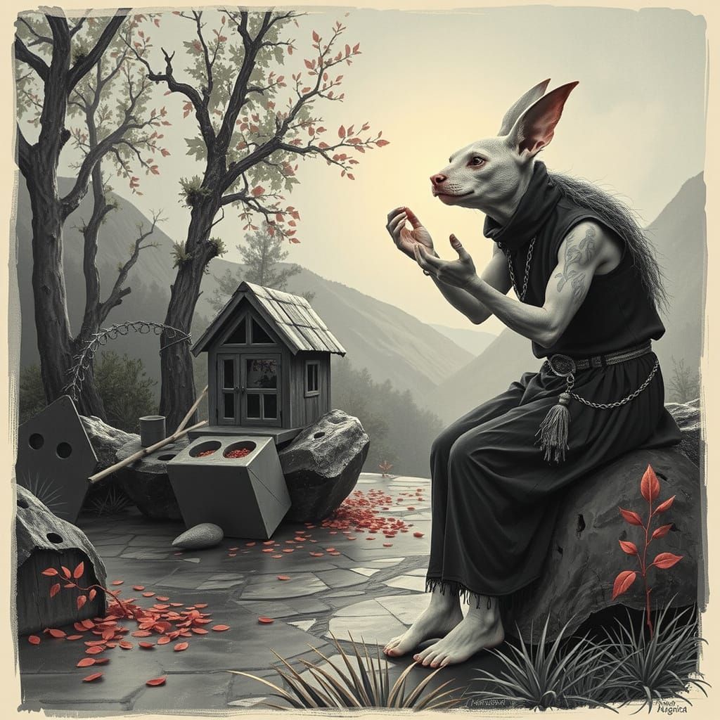 Colorful Landscape with Pink Figure and Golden Leaves