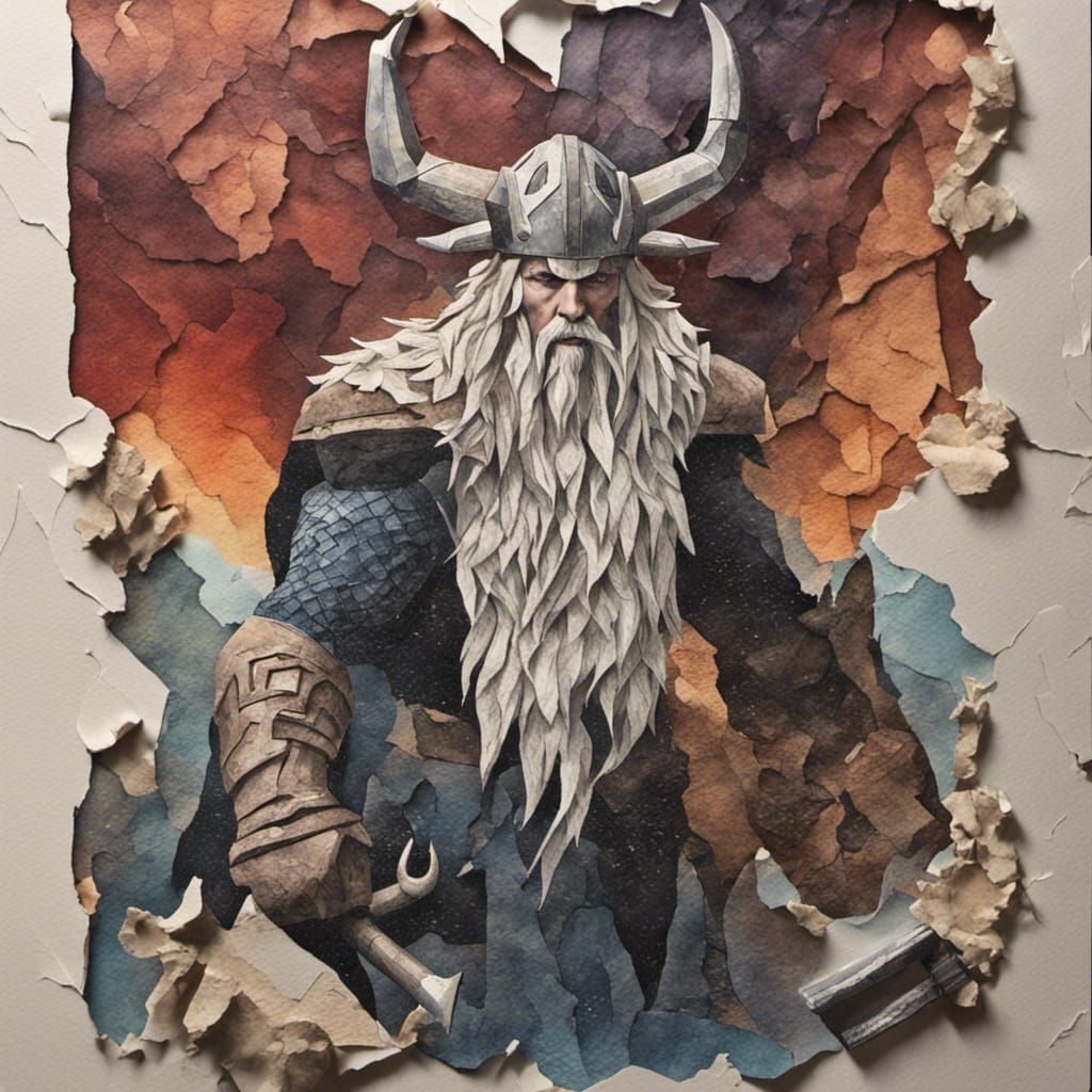 Thor, Mjolnir, and Yggdrasil as Paper Collage
