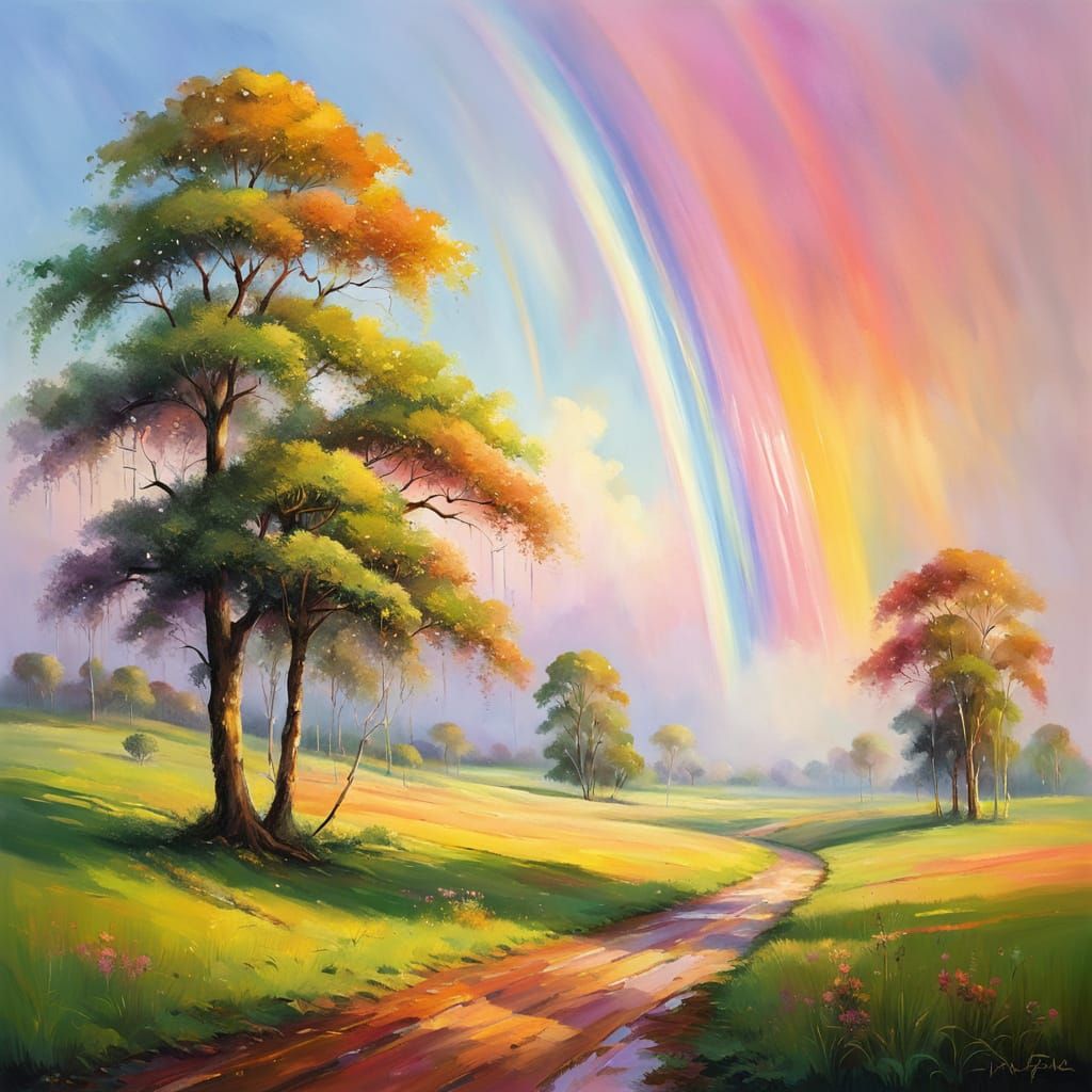 Vibrant Rainbow Landscape in Oil Painting