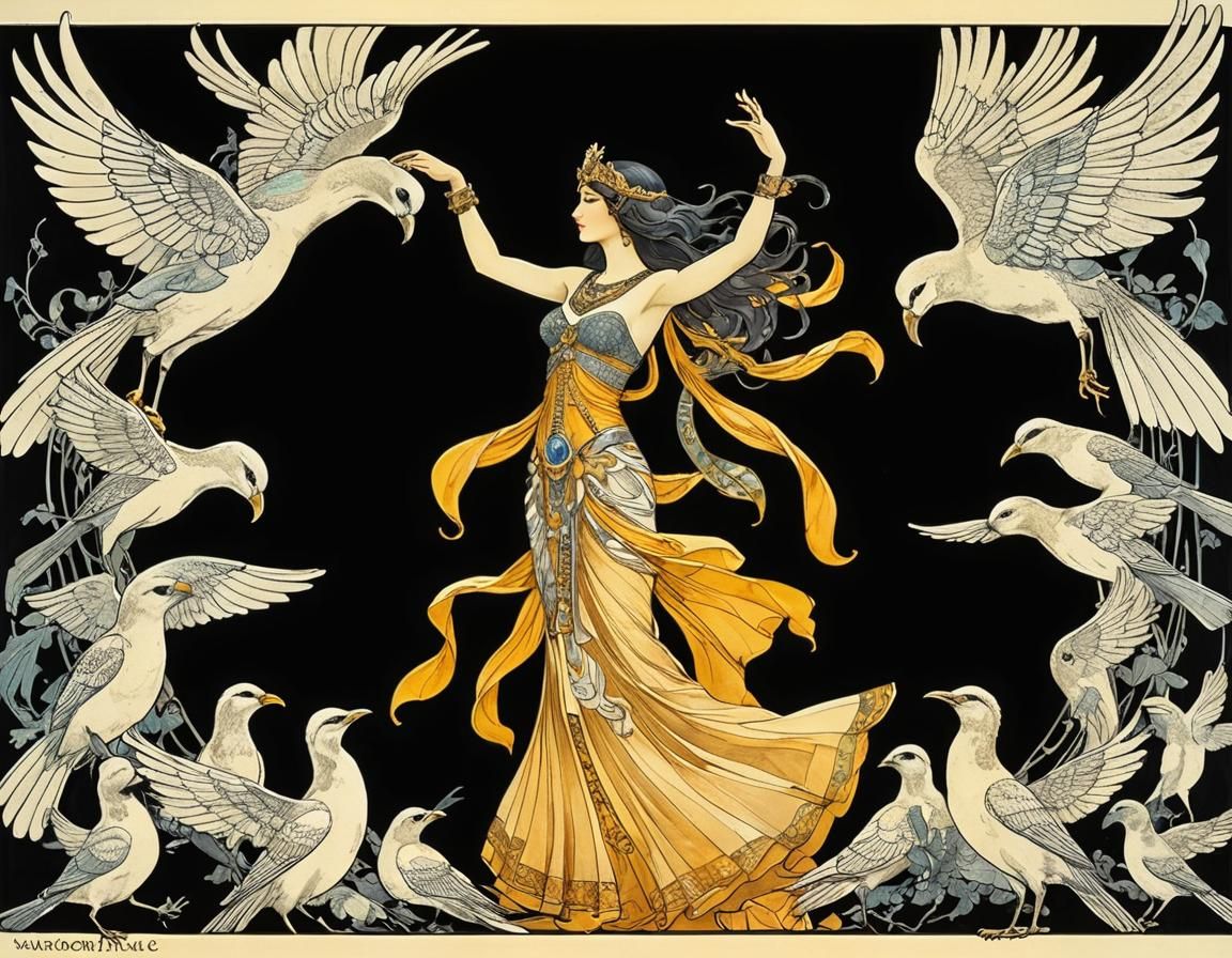 Art Nouveau Egyptian Dancer with Sculpted Birds