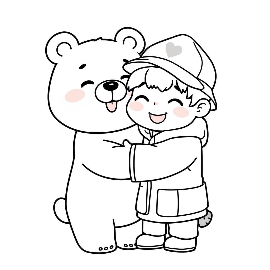 Cute Kawaii Bear and Hunter Hug in Simple Line Art
