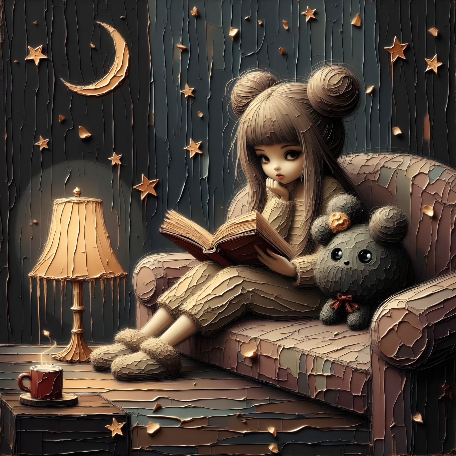 Cozy Monster Reading Spooky Tale in Storybook Style