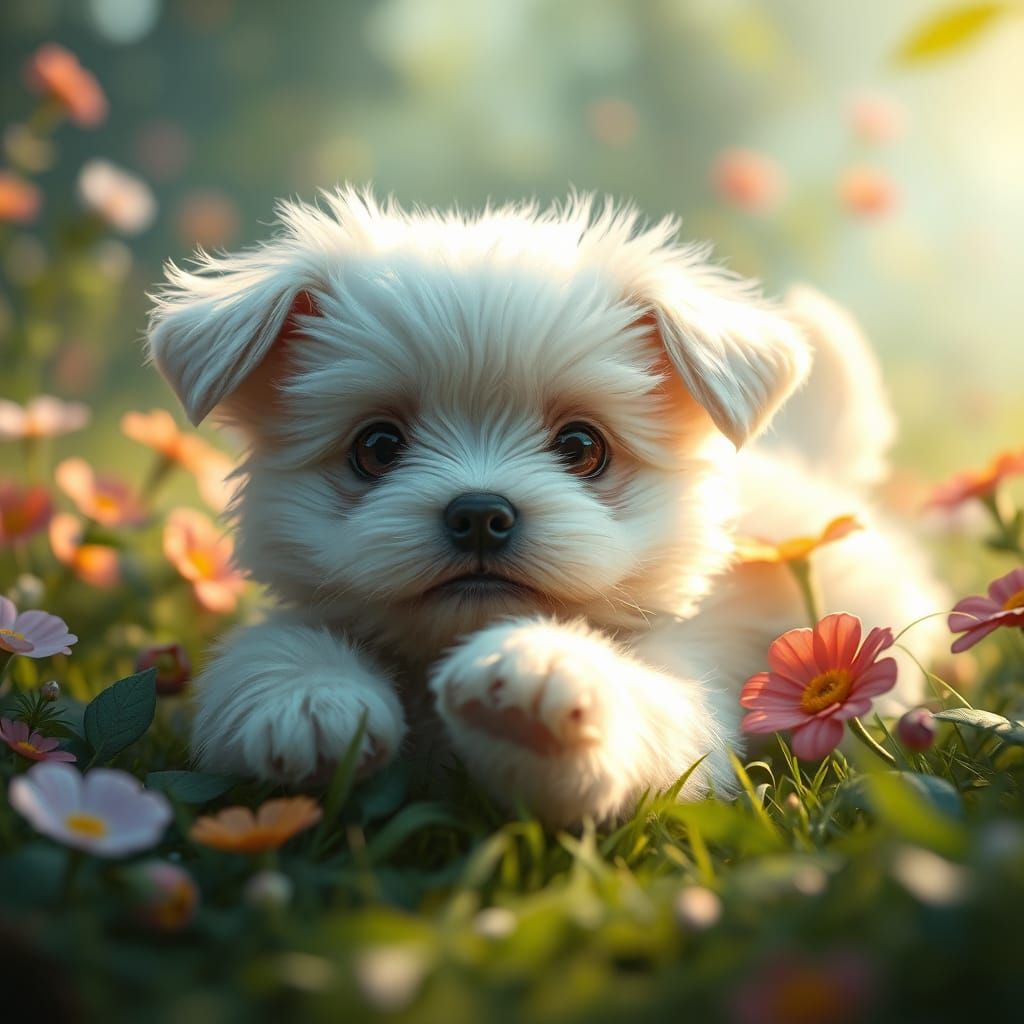 Whimsical Puppy in Enchanted Landscape