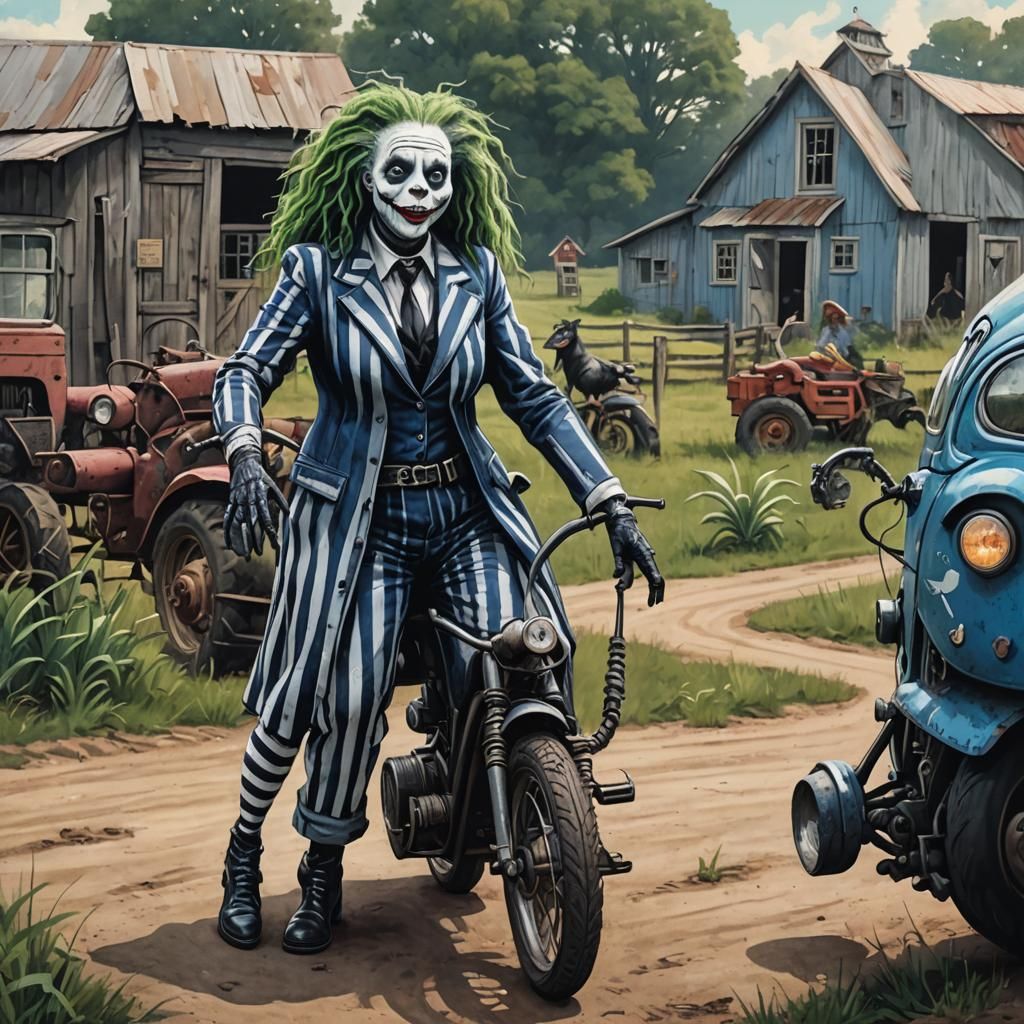 Girl Biker and Beetlejuice Dance by a Farm