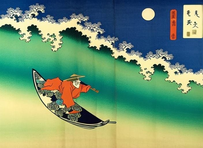 Pepe the Frog Surfing a Wave in Ukiyo-e Style