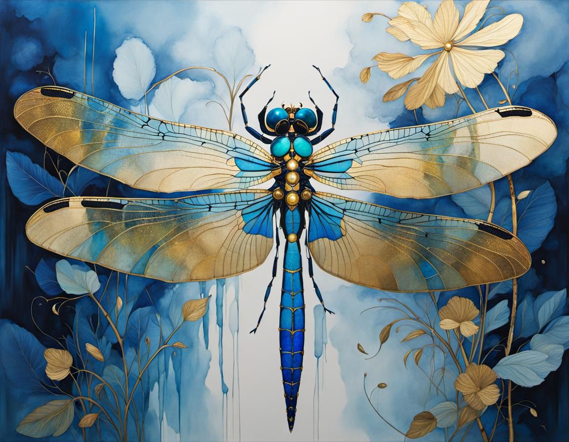 Blue and Gold Dragonfly in Art Nouveau Style