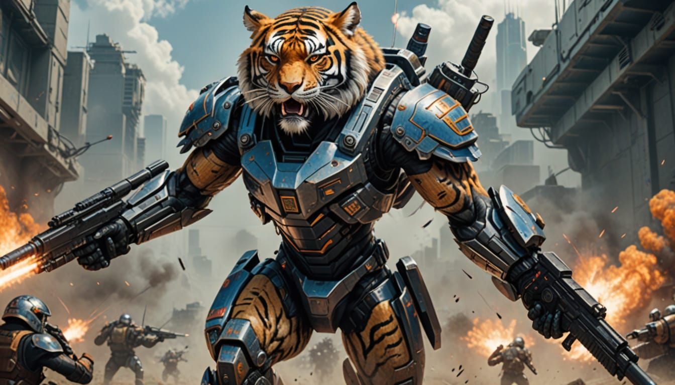 Cybernetic Tiger Warrior in Futuristic Armor
