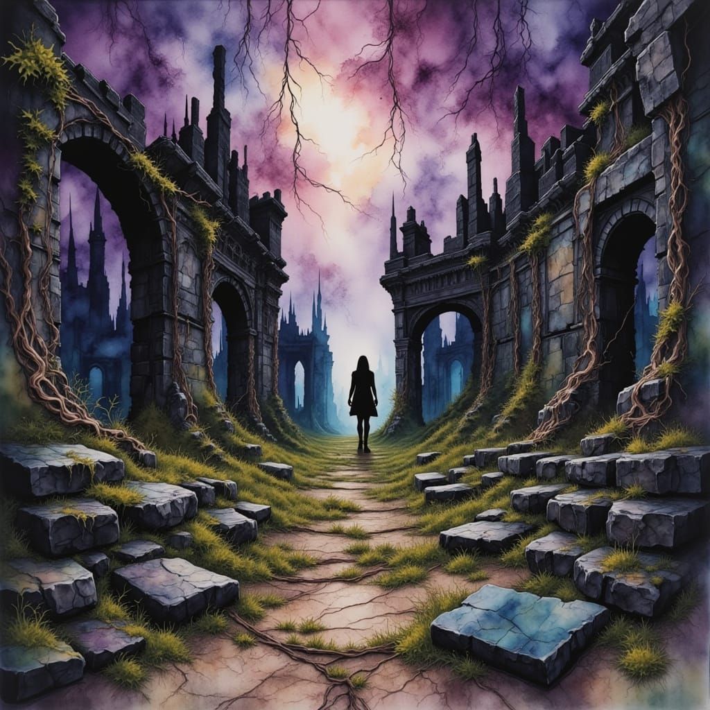 Shadowy Figure in Crumbling Ruins at Twilight